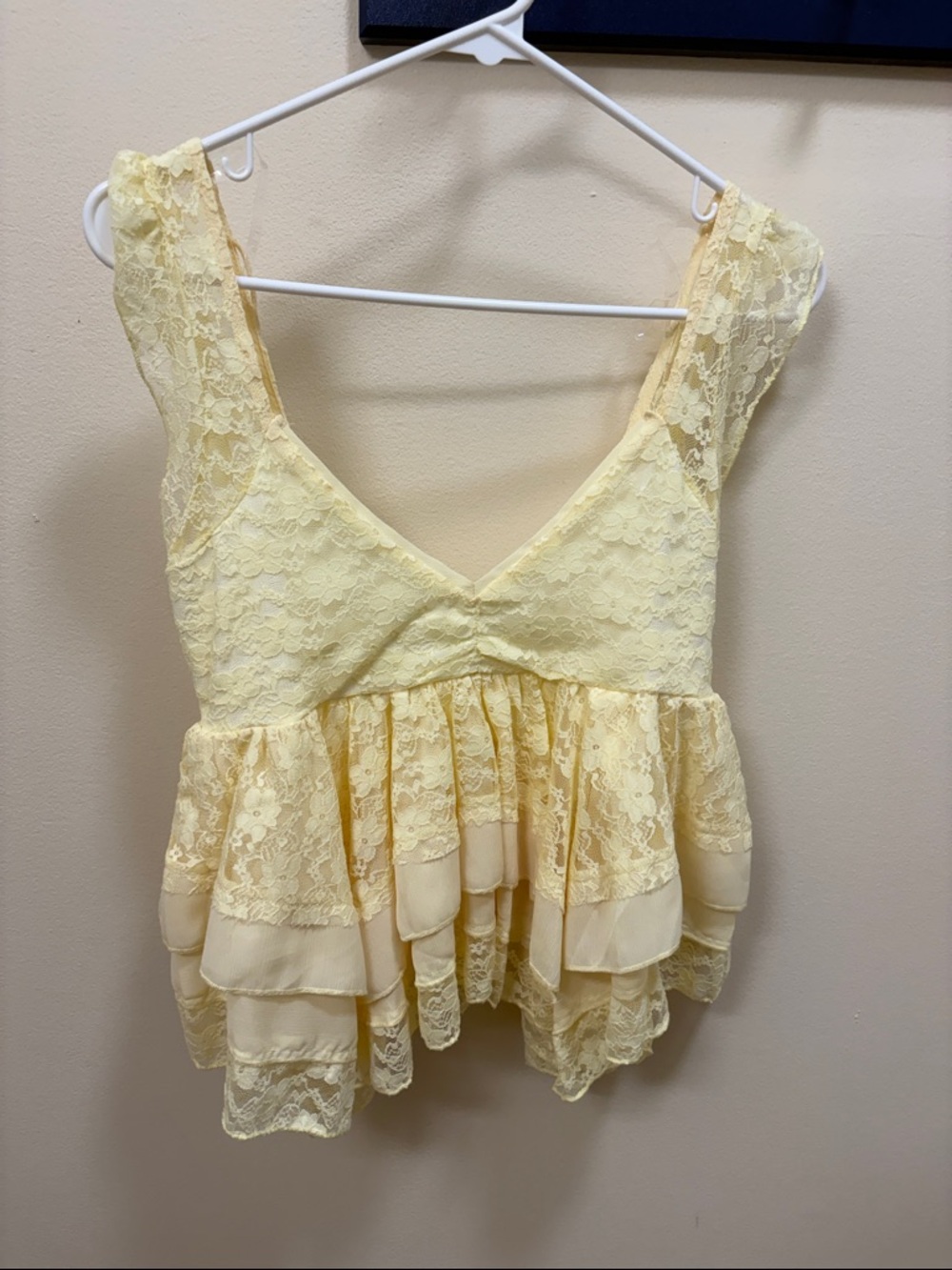 Altar'd State Pale Yellow Lace & Chiffon Peplum Top